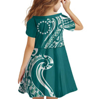 Kia Orana Cook Islands Kid Short Sleeve Dress Teal Plumeria Tropical Waves - Polynesian Pride