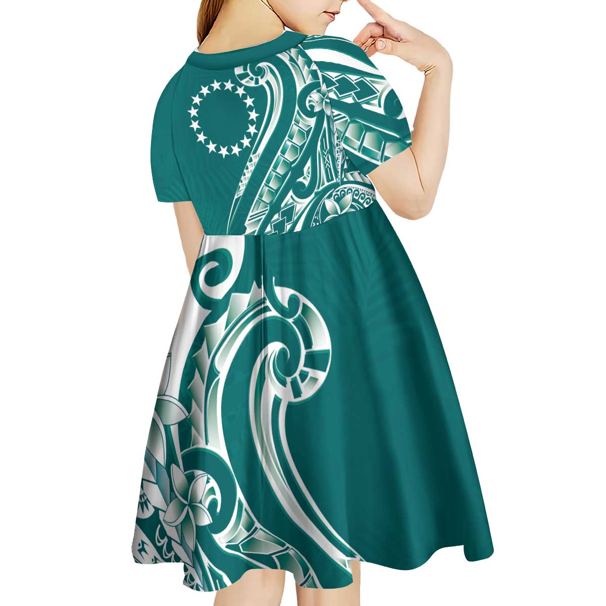 Kia Orana Cook Islands Kid Short Sleeve Dress Teal Plumeria Tropical Waves - Polynesian Pride