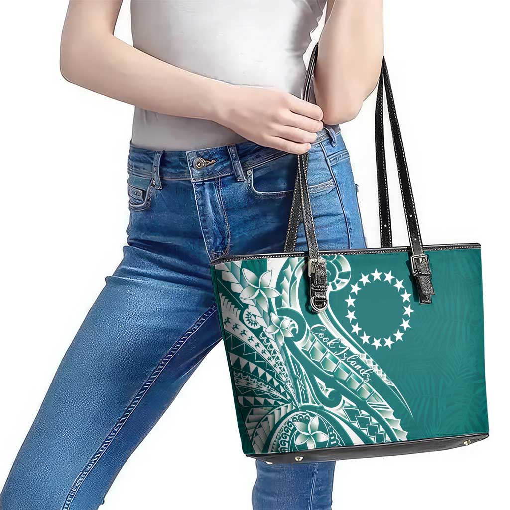 Kia Orana Cook Islands Leather Tote Bag Teal Plumeria Tropical Waves - Polynesian Pride
