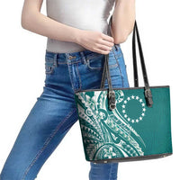 Kia Orana Cook Islands Leather Tote Bag Teal Plumeria Tropical Waves - Polynesian Pride