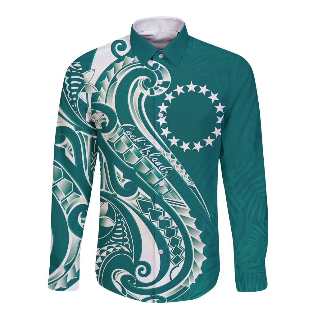 Kia Orana Cook Islands Long Sleeve Button Shirt Teal Plumeria Tropical Waves LT7 Unisex Teal - Polynesian Pride