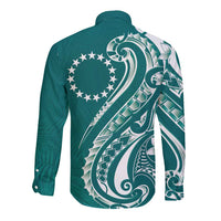 Kia Orana Cook Islands Long Sleeve Button Shirt Teal Plumeria Tropical Waves LT7 - Polynesian Pride