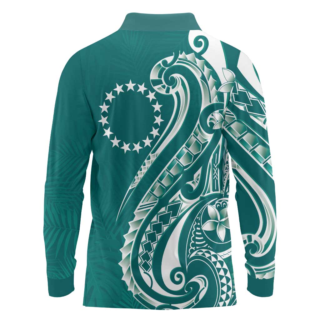 Kia Orana Cook Islands Long Sleeve Polo Shirt Teal Plumeria Tropical Waves - Polynesian Pride