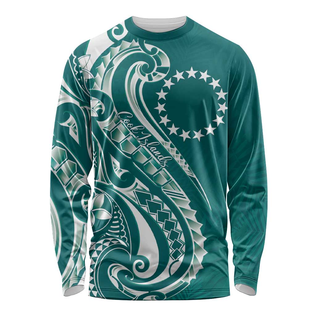 Kia Orana Cook Islands Long Sleeve Shirt Teal Plumeria Tropical Waves LT7 Unisex Teal - Polynesian Pride
