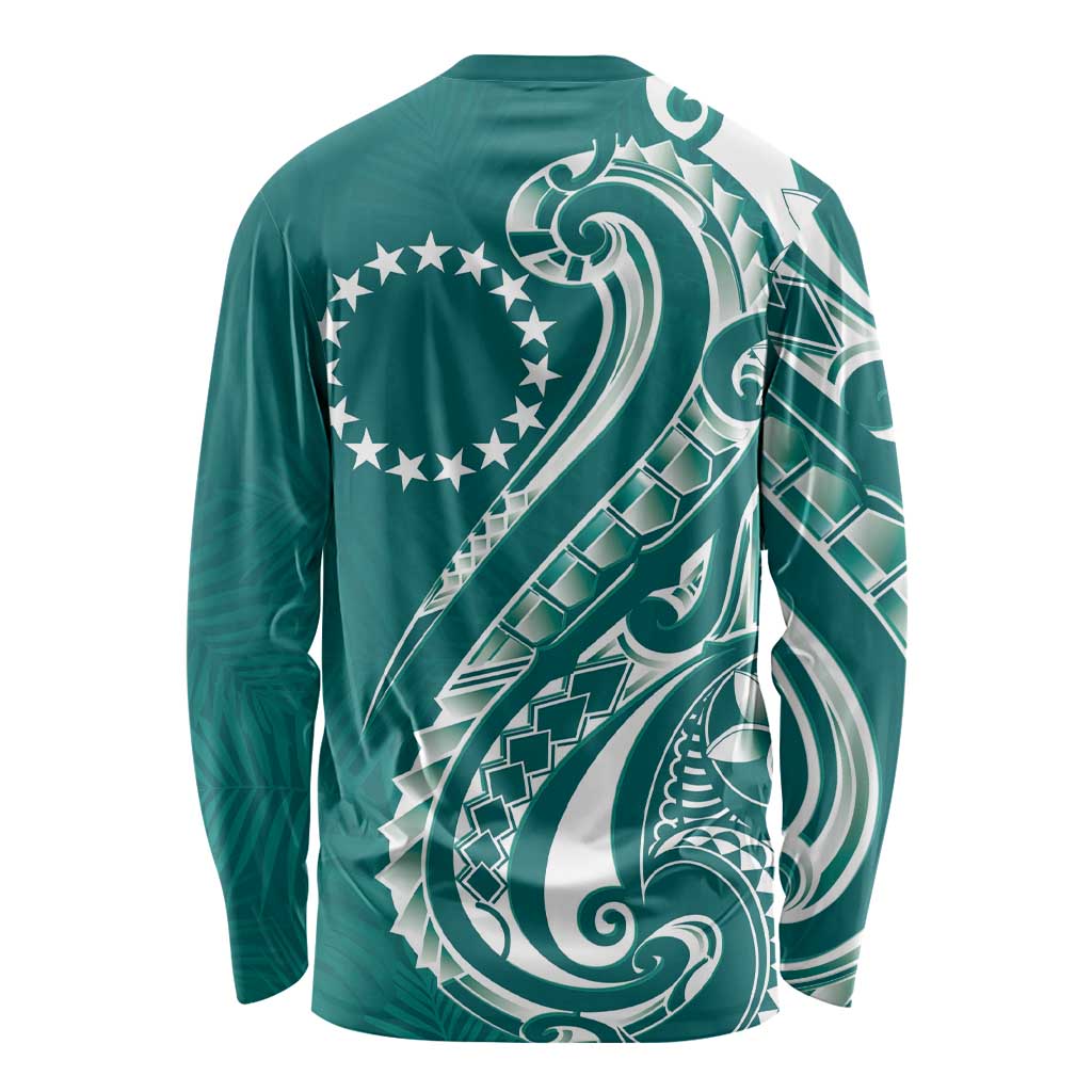 Kia Orana Cook Islands Long Sleeve Shirt Teal Plumeria Tropical Waves LT7 - Polynesian Pride