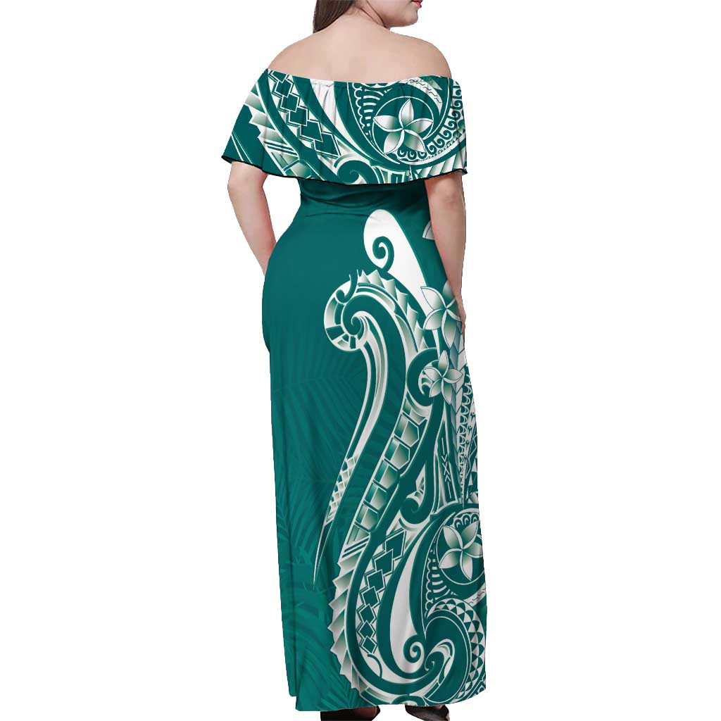 Kia Orana Cook Islands Off Shoulder Maxi Dress Teal Plumeria Tropical Waves - Polynesian Pride