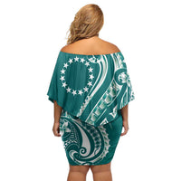 Kia Orana Cook Islands Off Shoulder Short Dress Teal Plumeria Tropical Waves - Polynesian Pride
