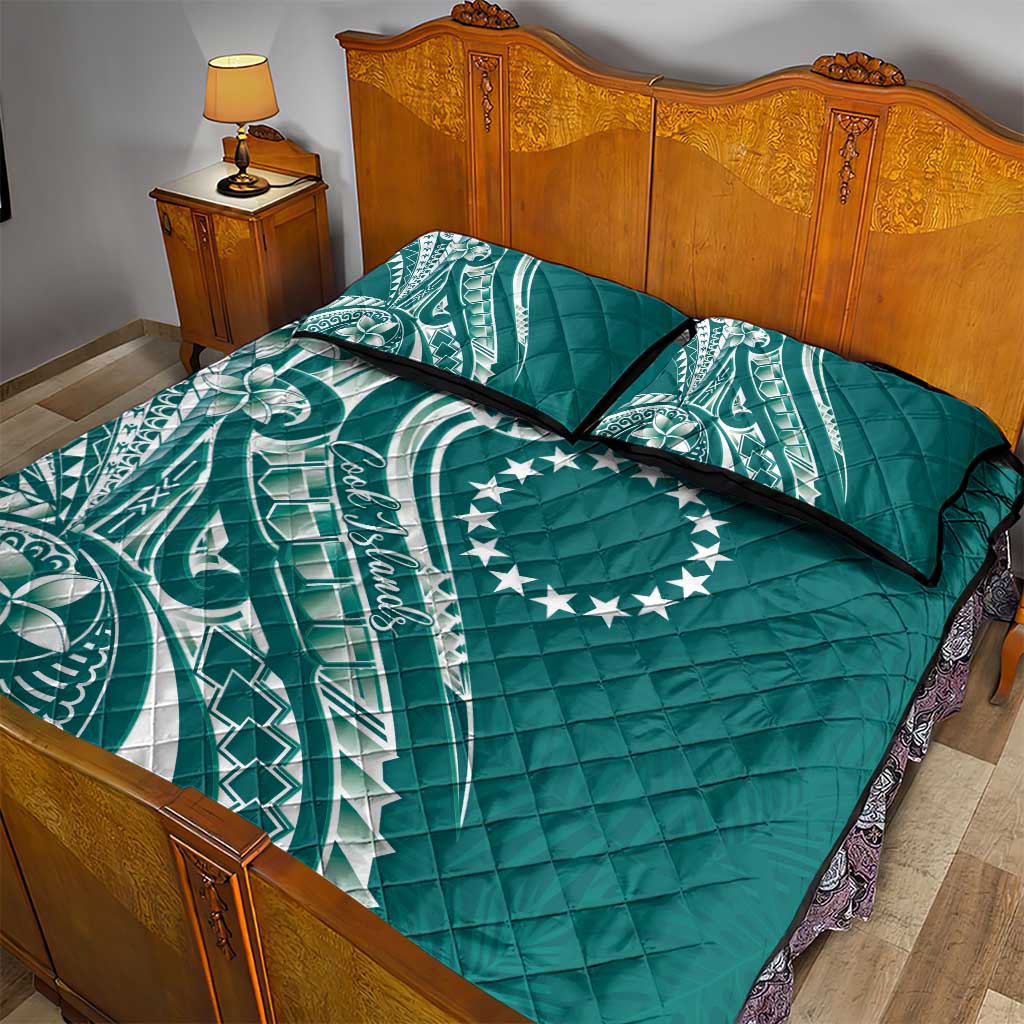 Kia Orana Cook Islands Quilt Bed Set Teal Plumeria Tropical Waves - Polynesian Pride