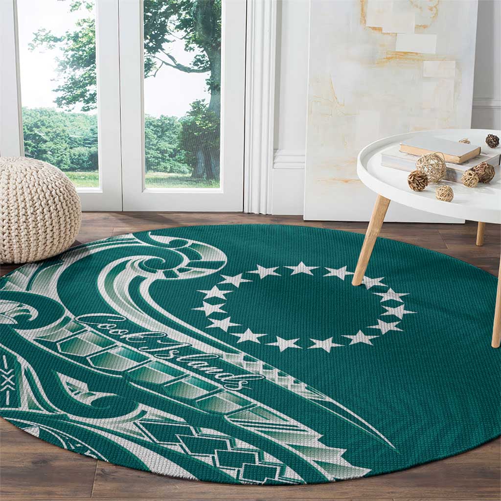 Kia Orana Cook Islands Round Carpet Teal Plumeria Tropical Waves - Polynesian Pride