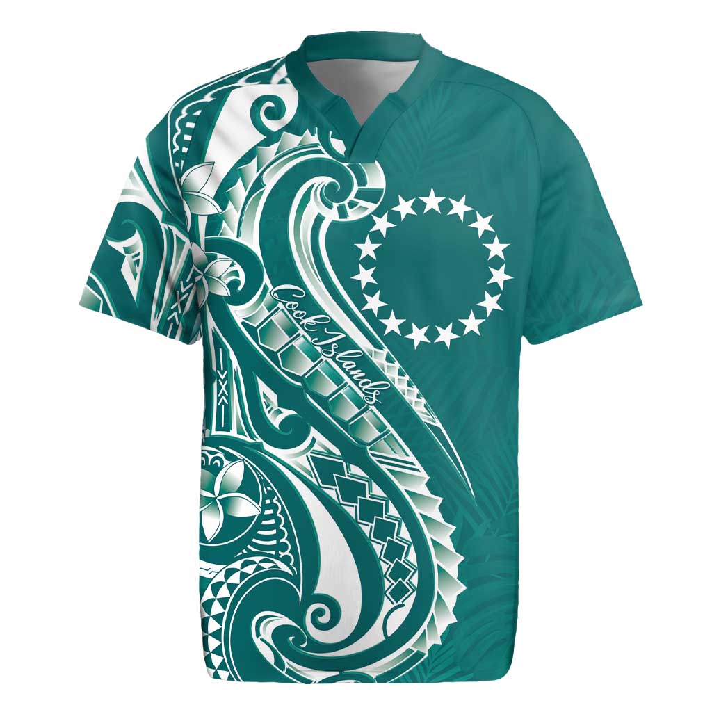 Kia Orana Cook Islands Rugby Jersey Teal Plumeria Tropical Waves LT7 Teal - Polynesian Pride