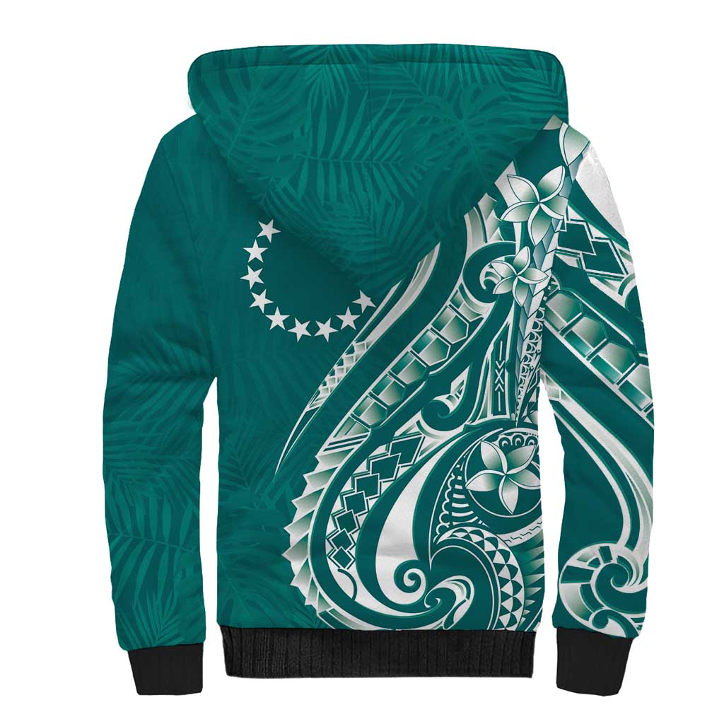 Kia Orana Cook Islands Sherpa Hoodie Teal Plumeria Tropical Waves LT7 - Polynesian Pride