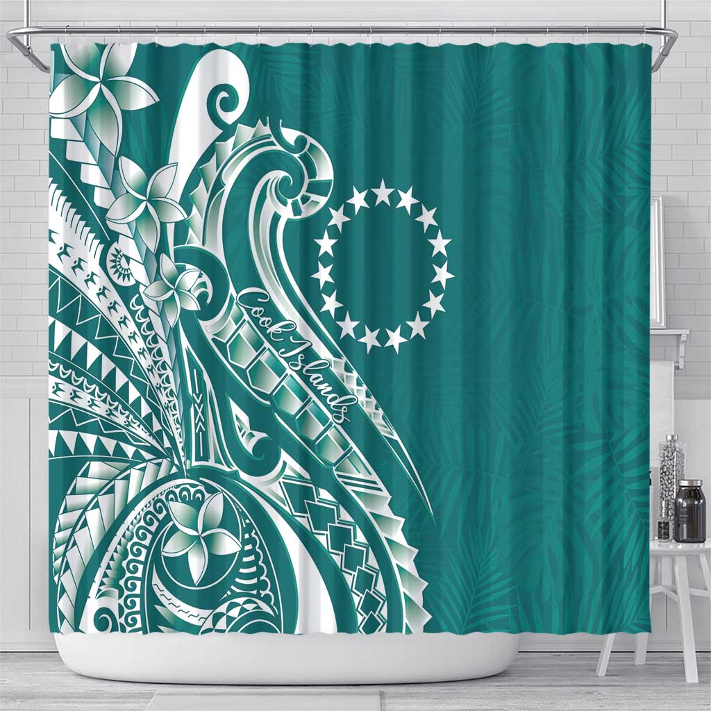 Kia Orana Cook Islands Shower Curtain Teal Plumeria Tropical Waves - Polynesian Pride