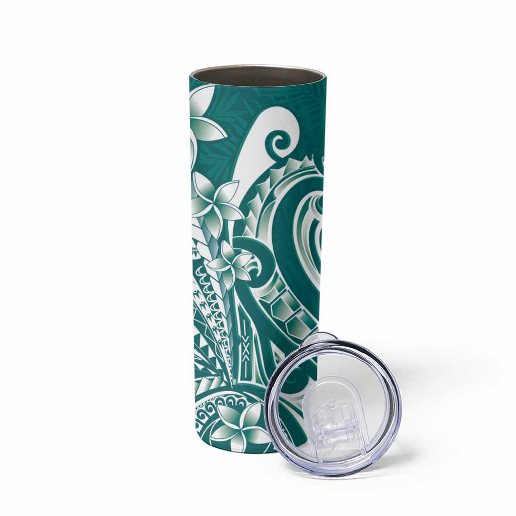 Kia Orana Cook Islands Skinny Tumbler Teal Plumeria Tropical Waves - Polynesian Pride