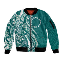 Kia Orana Cook Islands Sleeve Zip Bomber Jacket Teal Plumeria Tropical Waves - Polynesian Pride