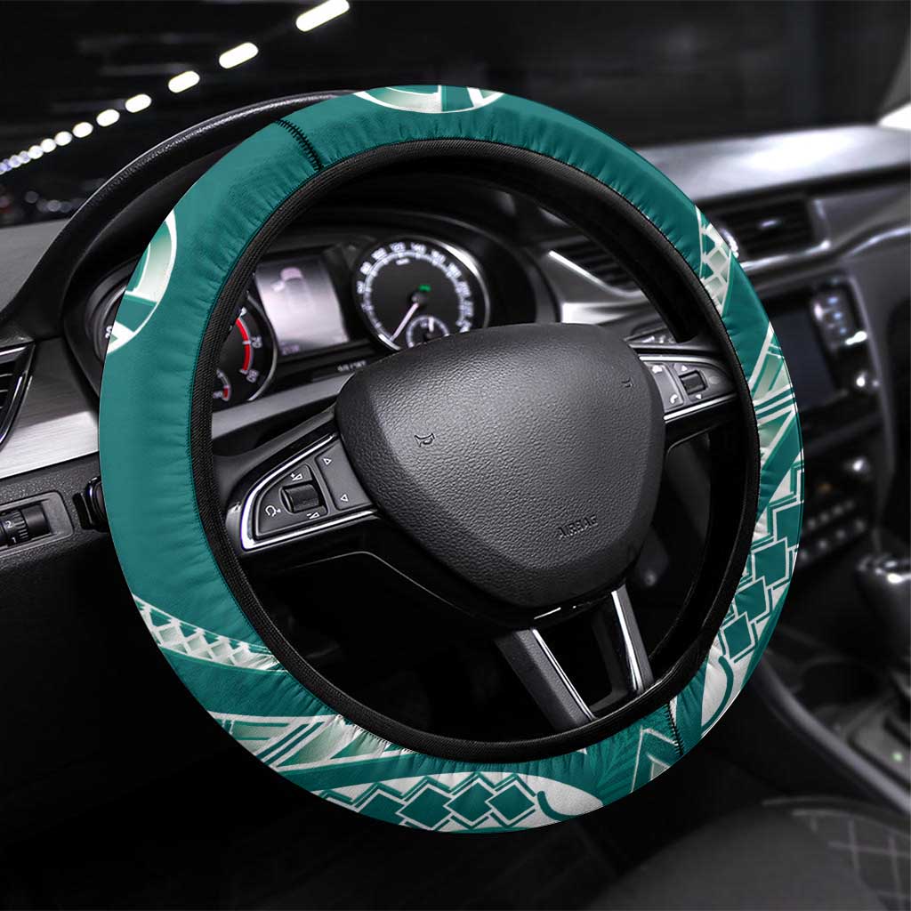 Kia Orana Cook Islands Steering Wheel Cover Teal Plumeria Tropical Waves LT7 Universal Fit Teal - Polynesian Pride