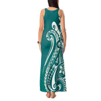 Kia Orana Cook Islands Tank Maxi Dress Teal Plumeria Tropical Waves - Polynesian Pride