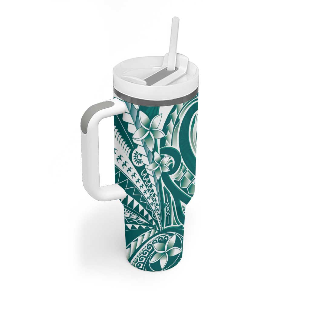 Kia Orana Cook Islands Tumbler With Handle Teal Plumeria Tropical Waves - Polynesian Pride