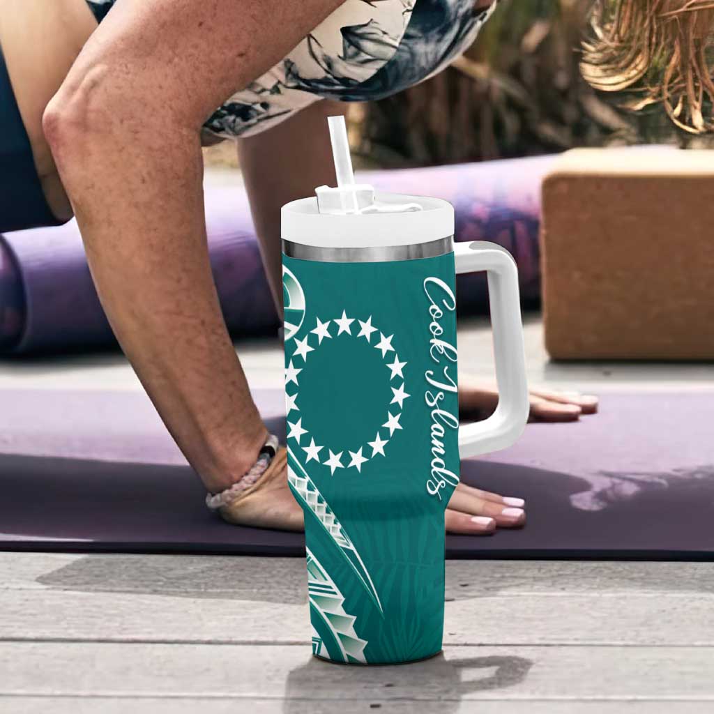 Kia Orana Cook Islands Tumbler With Handle Teal Plumeria Tropical Waves - Polynesian Pride