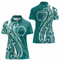 Kia Orana Cook Islands Women Polo Shirt Teal Plumeria Tropical Waves - Polynesian Pride