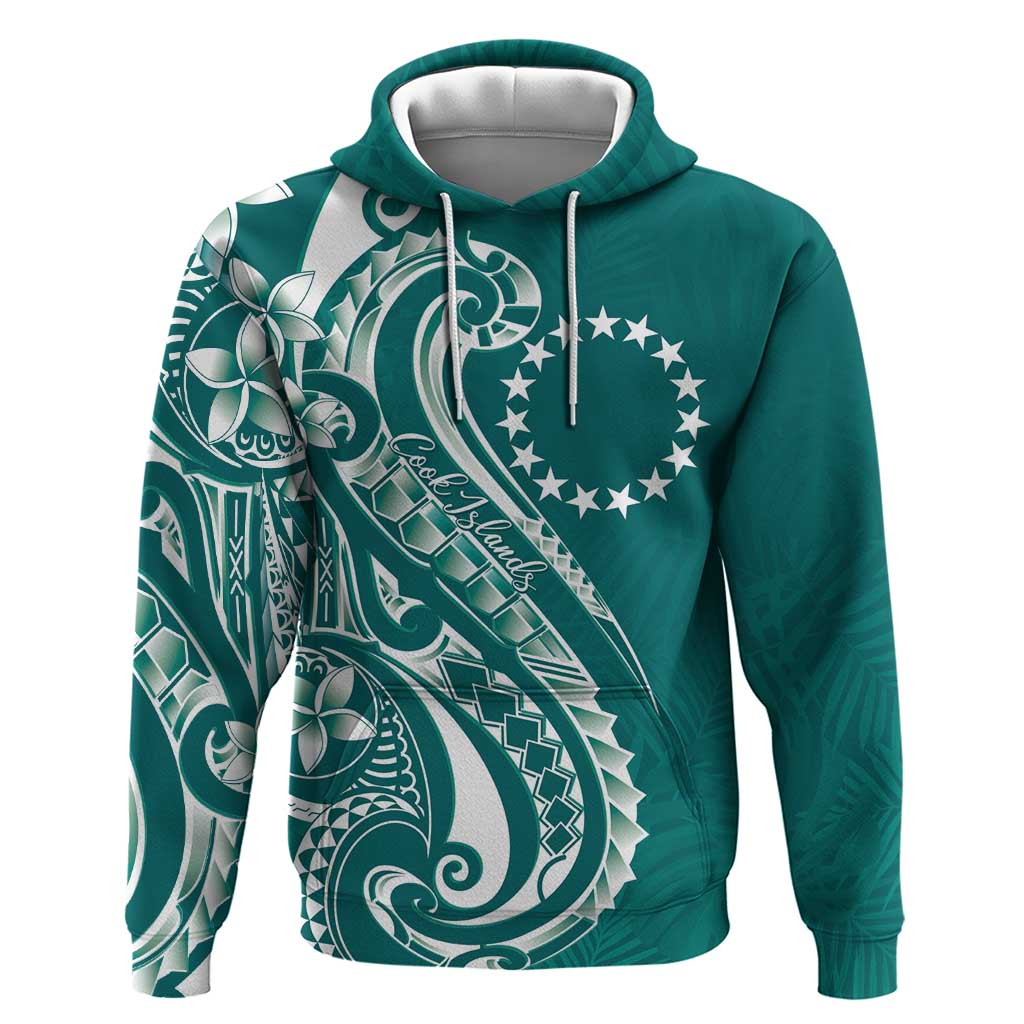 Kia Orana Cook Islands Zip Hoodie Teal Plumeria Tropical Waves - Polynesian Pride