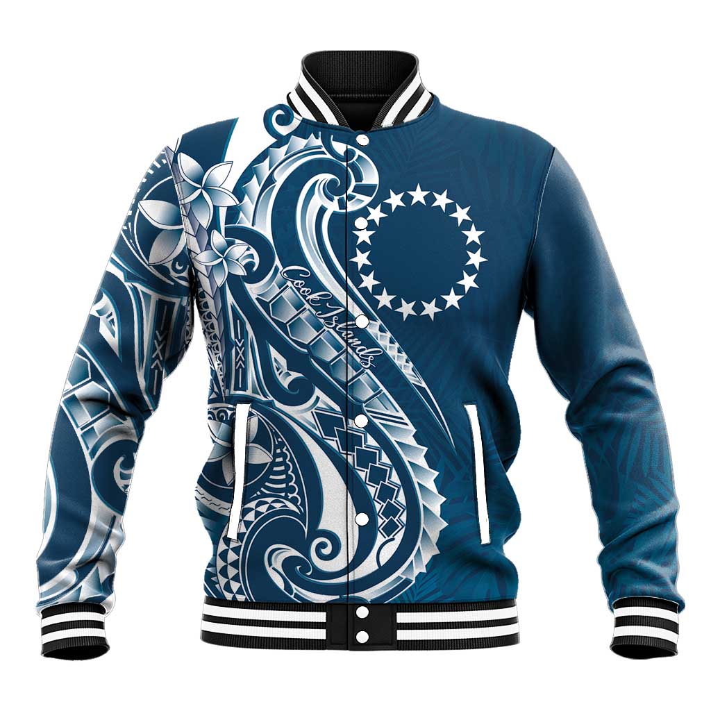Kia Orana Cook Islands Baseball Jacket Auika Plumeria Tropical Waves LT7 Unisex Navy Blue - Polynesian Pride