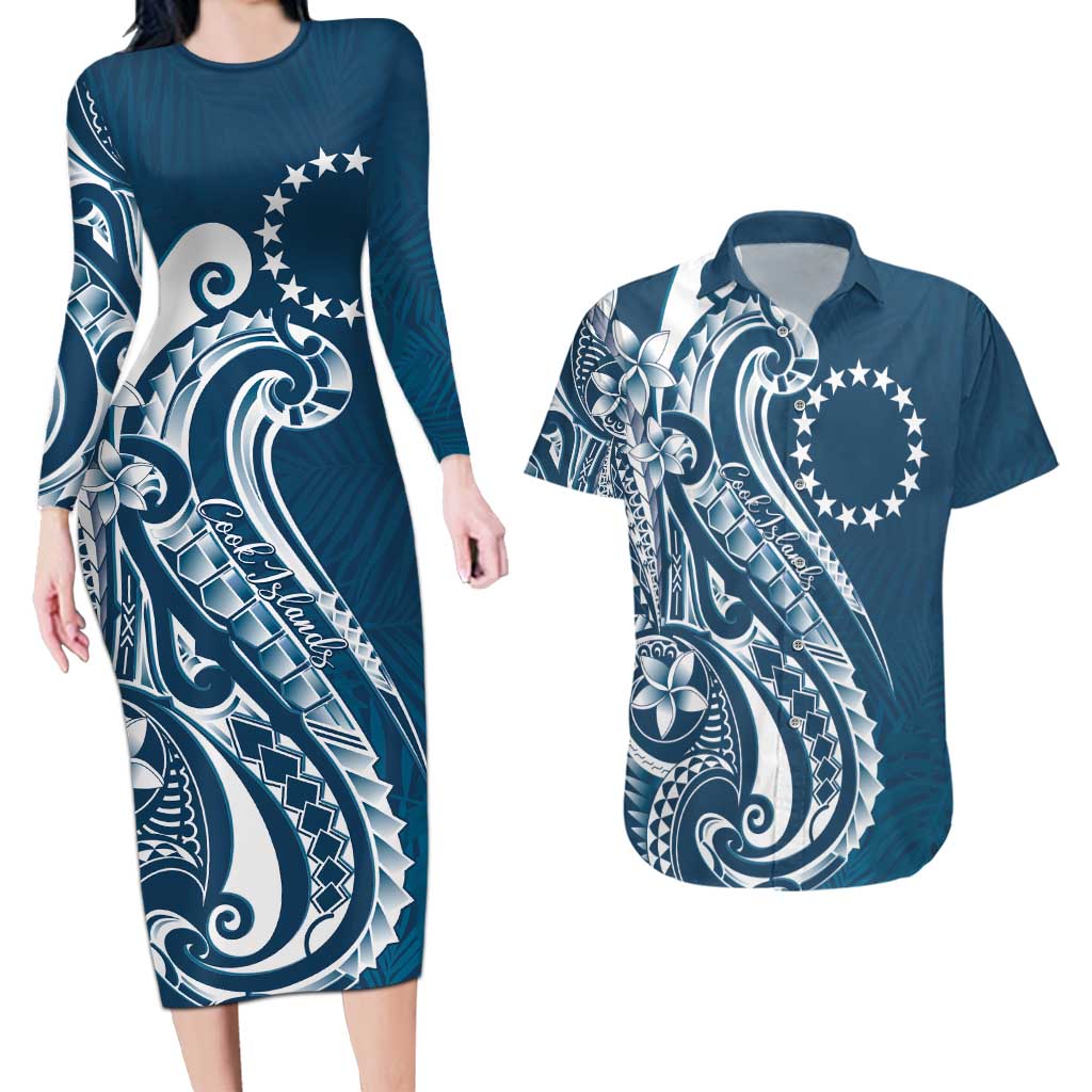 Kia Orana Cook Islands Couples Matching Long Sleeve Bodycon Dress and Hawaiian Shirt Auika Plumeria Tropical Waves - Polynesian Pride