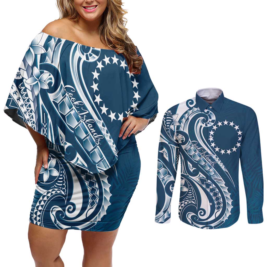 Kia Orana Cook Islands Couples Matching Off Shoulder Short Dress and Long Sleeve Button Shirt Auika Plumeria Tropical Waves LT7 Navy Blue - Polynesian Pride