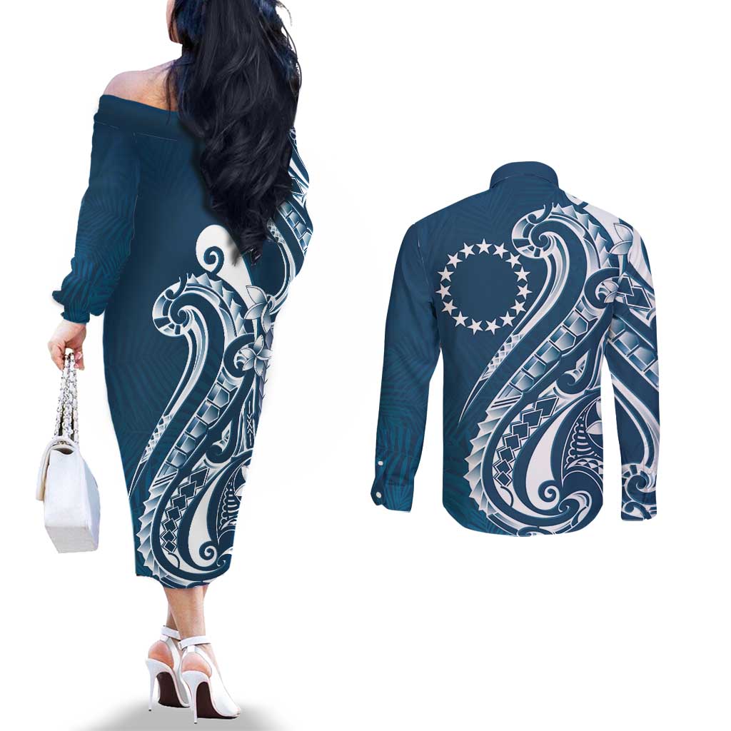 Kia Orana Cook Islands Couples Matching Off The Shoulder Long Sleeve Dress and Long Sleeve Button Shirt Auika Plumeria Tropical Waves LT7 - Polynesian Pride