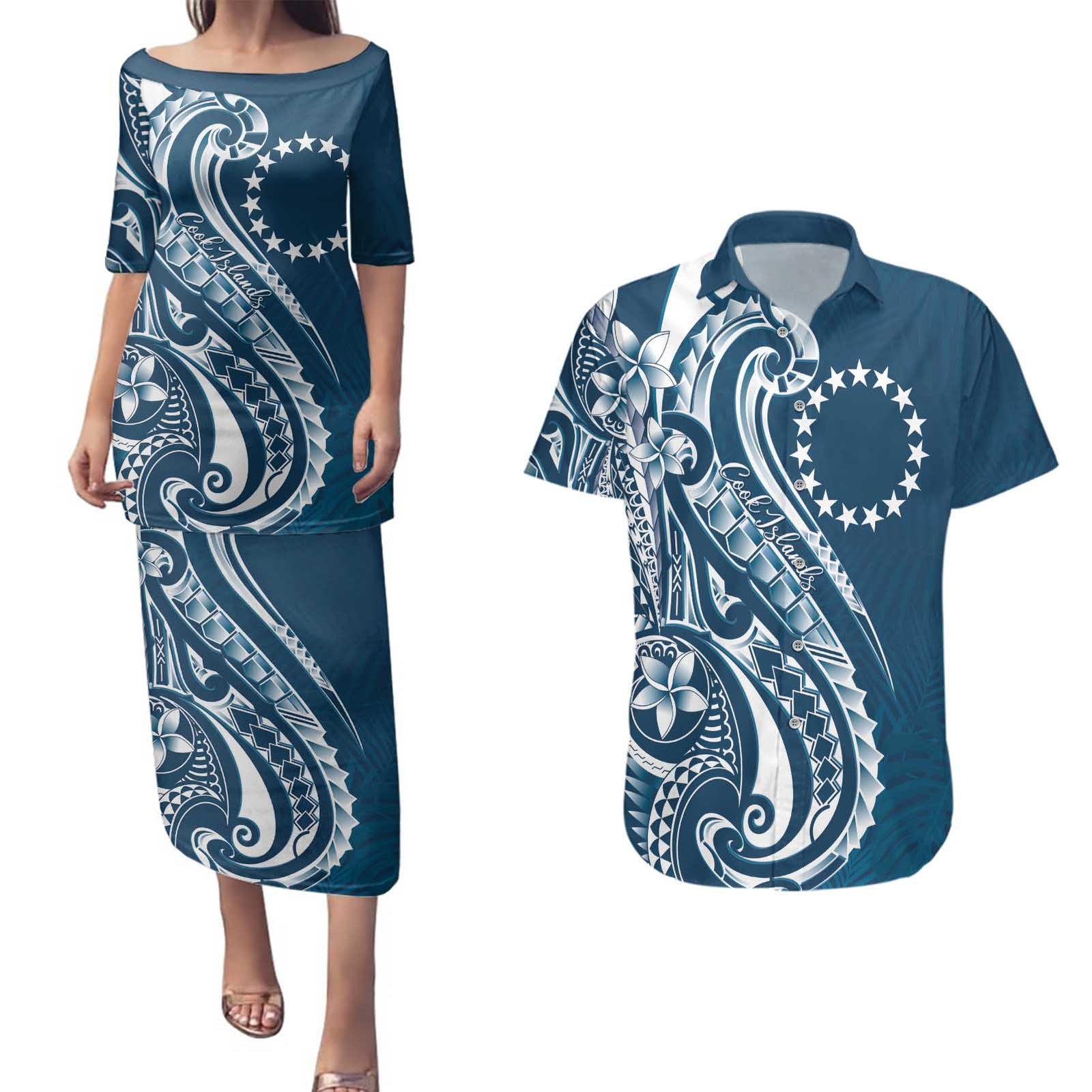 Kia Orana Cook Islands Couples Matching Puletasi and Hawaiian Shirt Auika Plumeria Tropical Waves LT7 Navy Blue - Polynesian Pride