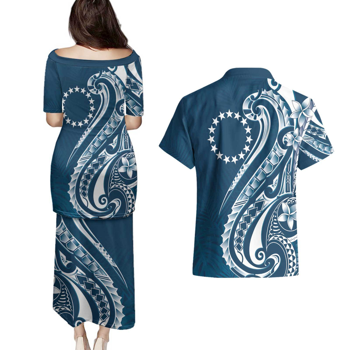 Kia Orana Cook Islands Couples Matching Puletasi and Hawaiian Shirt Auika Plumeria Tropical Waves - Polynesian Pride