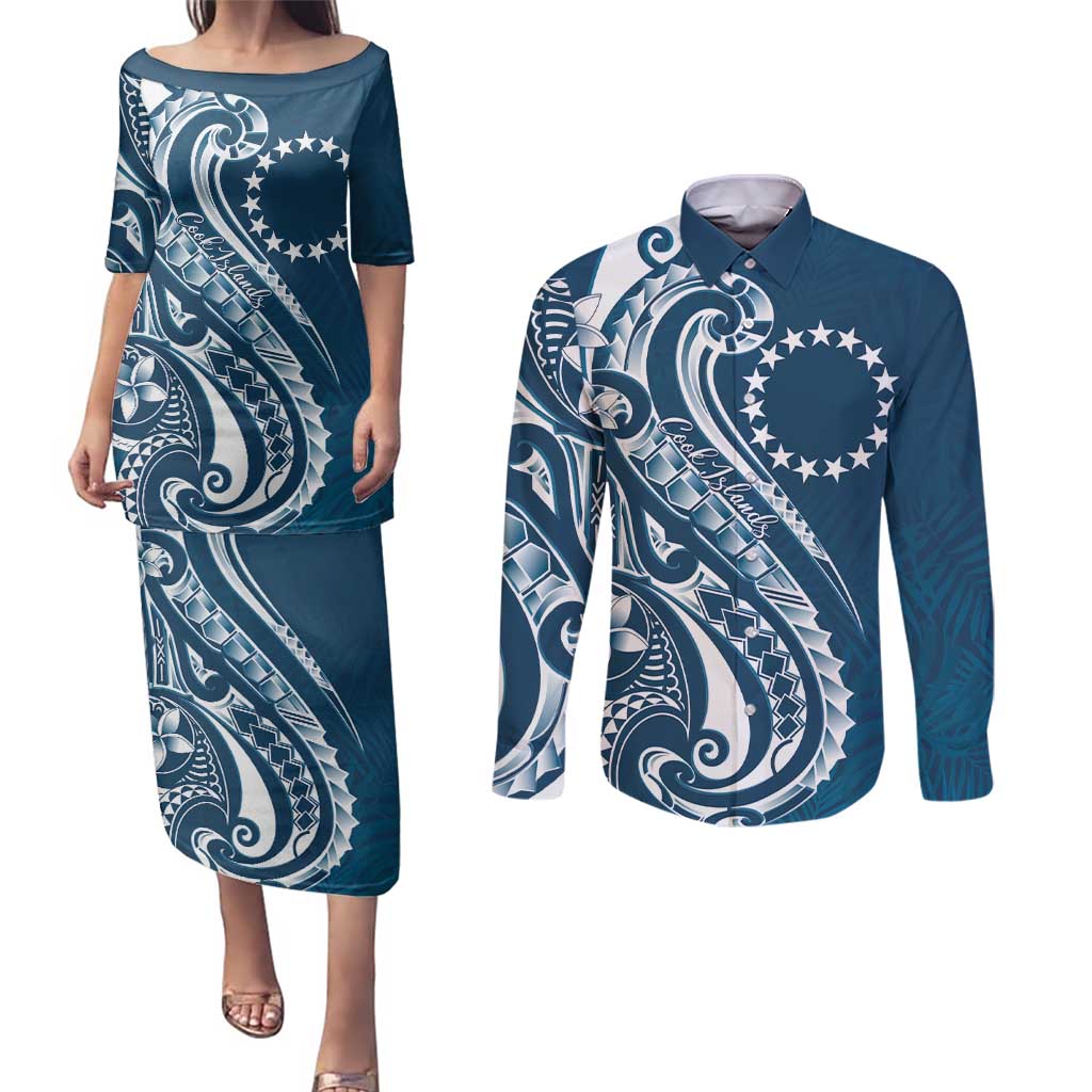Kia Orana Cook Islands Couples Matching Puletasi and Long Sleeve Button Shirt Auika Plumeria Tropical Waves LT7 Navy Blue - Polynesian Pride