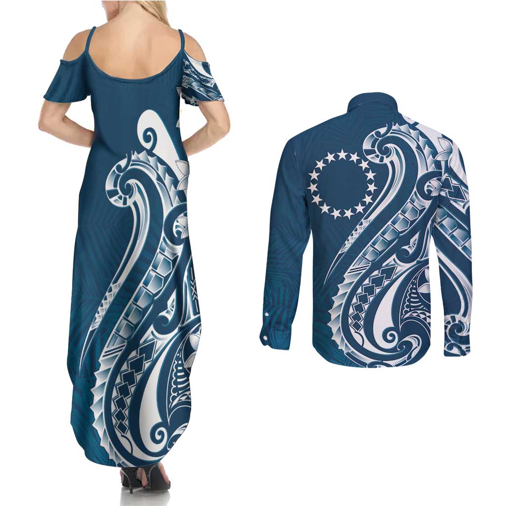 Kia Orana Cook Islands Couples Matching Summer Maxi Dress and Long Sleeve Button Shirt Auika Plumeria Tropical Waves - Polynesian Pride