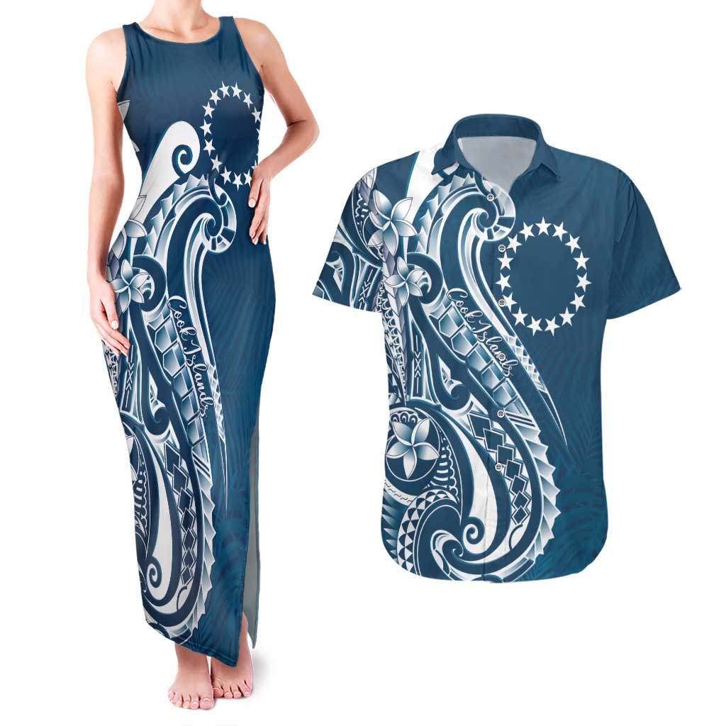 Kia Orana Cook Islands Couples Matching Tank Maxi Dress and Hawaiian Shirt Auika Plumeria Tropical Waves LT7 Navy Blue - Polynesian Pride