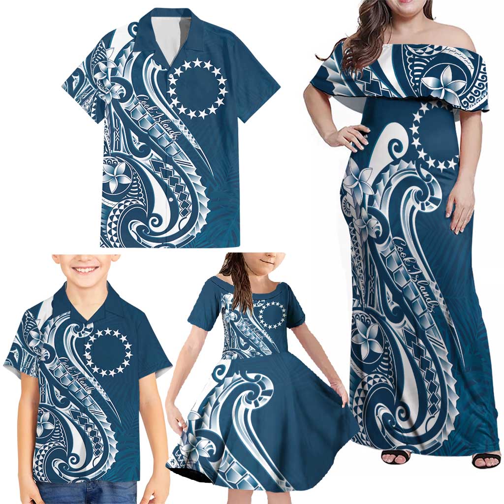 Kia Orana Cook Islands Family Matching Off Shoulder Maxi Dress and Hawaiian Shirt Auika Plumeria Tropical Waves LT7 - Polynesian Pride