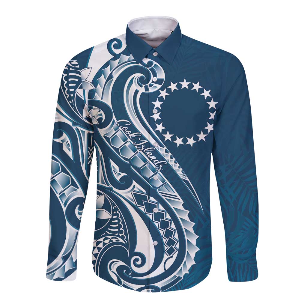 Kia Orana Cook Islands Long Sleeve Button Shirt Auika Plumeria Tropical Waves LT7 Unisex Navy Blue - Polynesian Pride