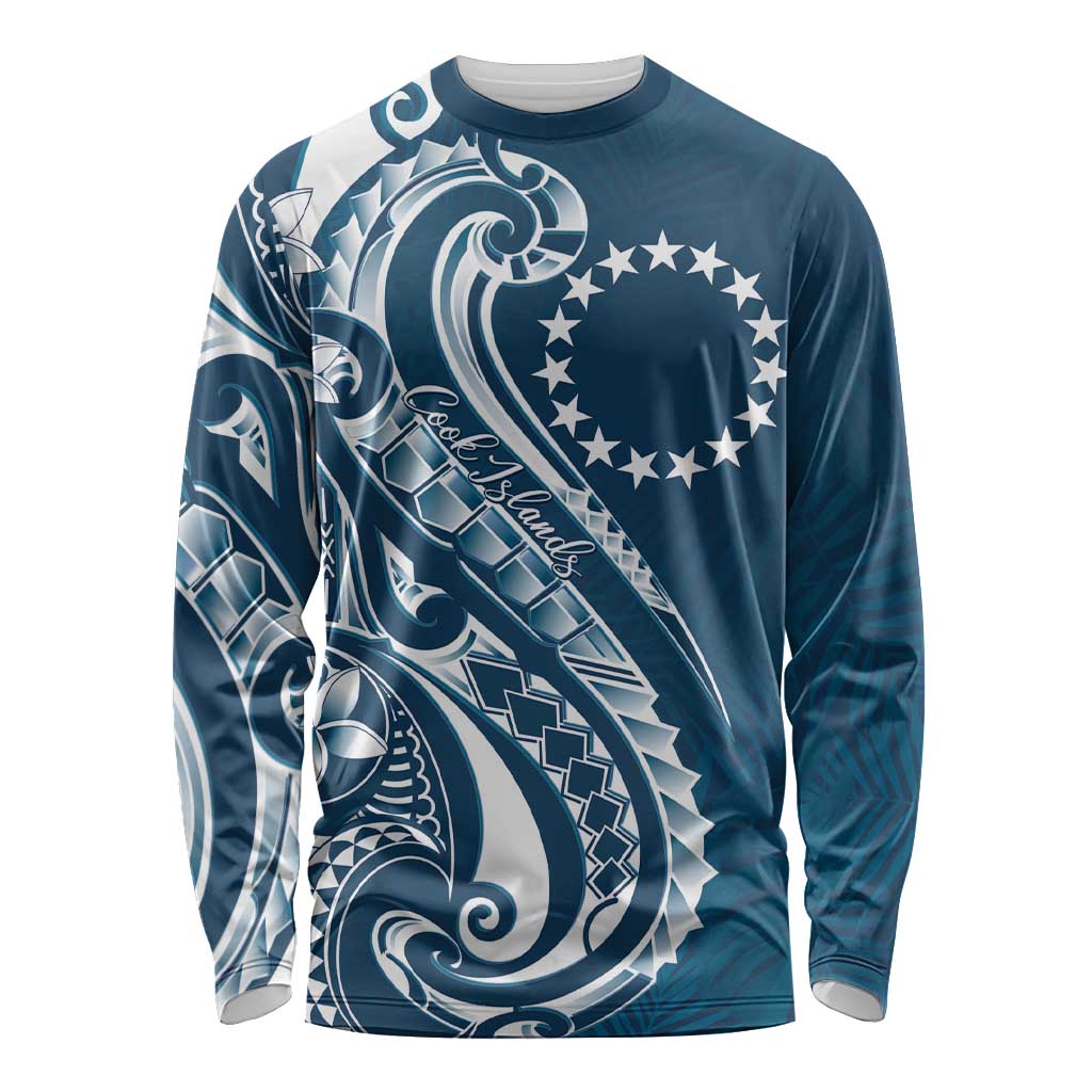 Kia Orana Cook Islands Long Sleeve Shirt Auika Plumeria Tropical Waves LT7 Unisex Navy Blue - Polynesian Pride