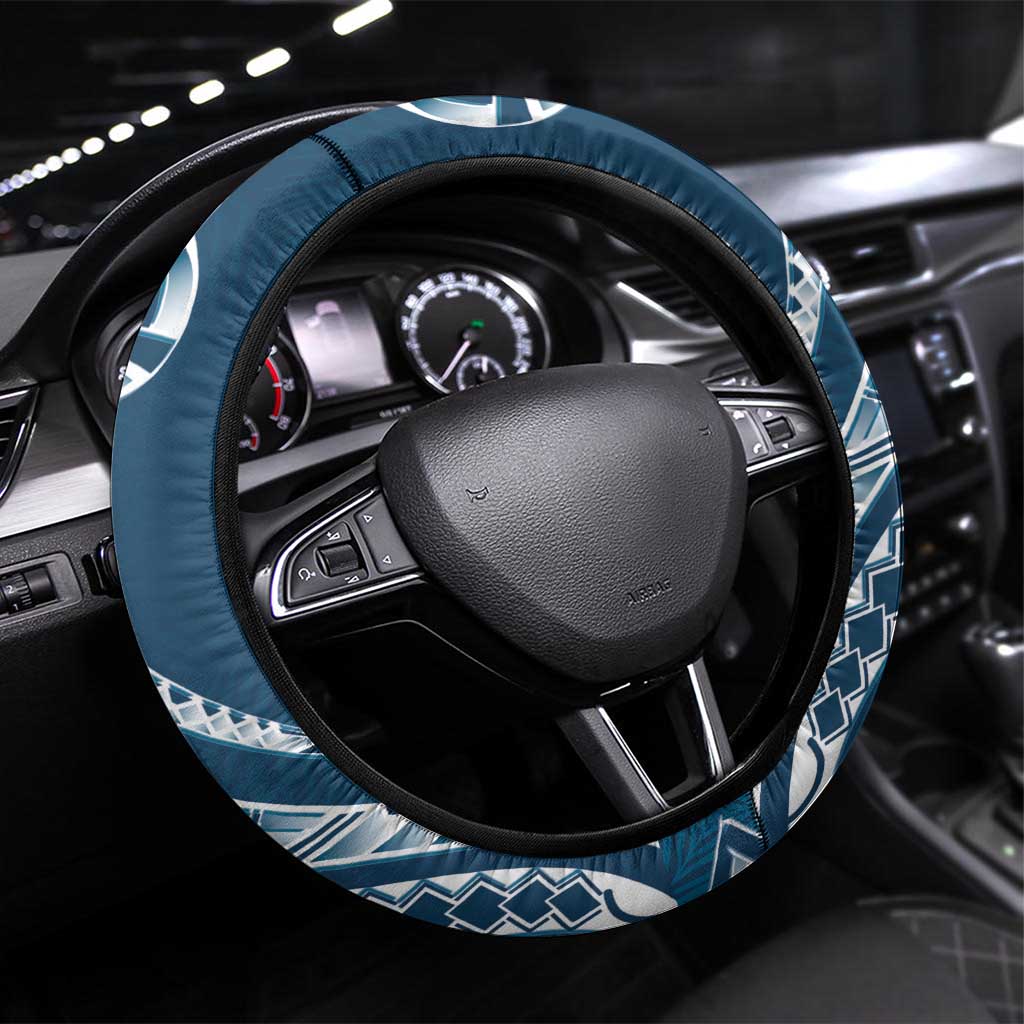 Kia Orana Cook Islands Steering Wheel Cover Auika Plumeria Tropical Waves LT7 Universal Fit Navy Blue - Polynesian Pride