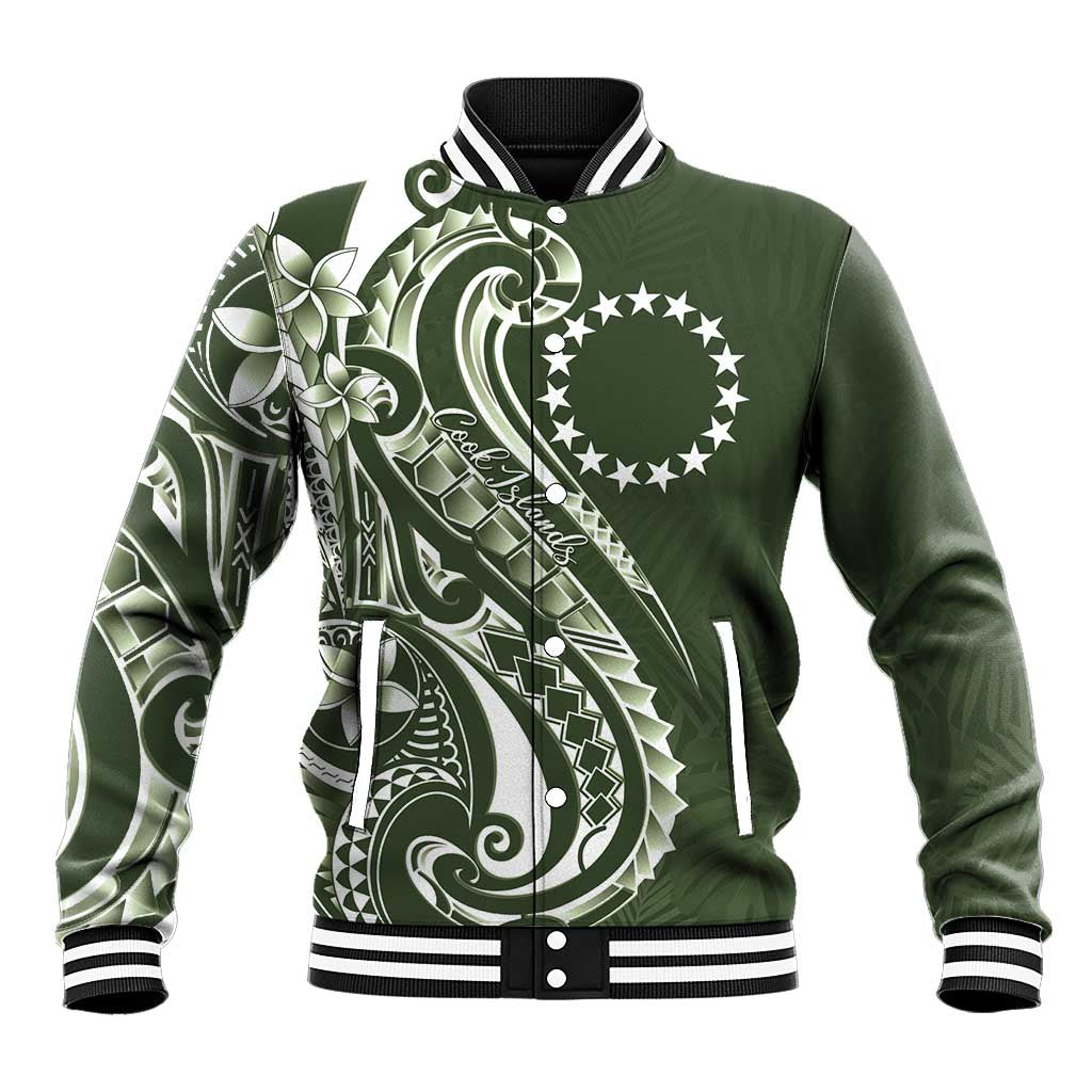 Kia Orana Cook Islands Baseball Jacket Matie Plumeria Tropical Waves LT7 Unisex Sage Green - Polynesian Pride
