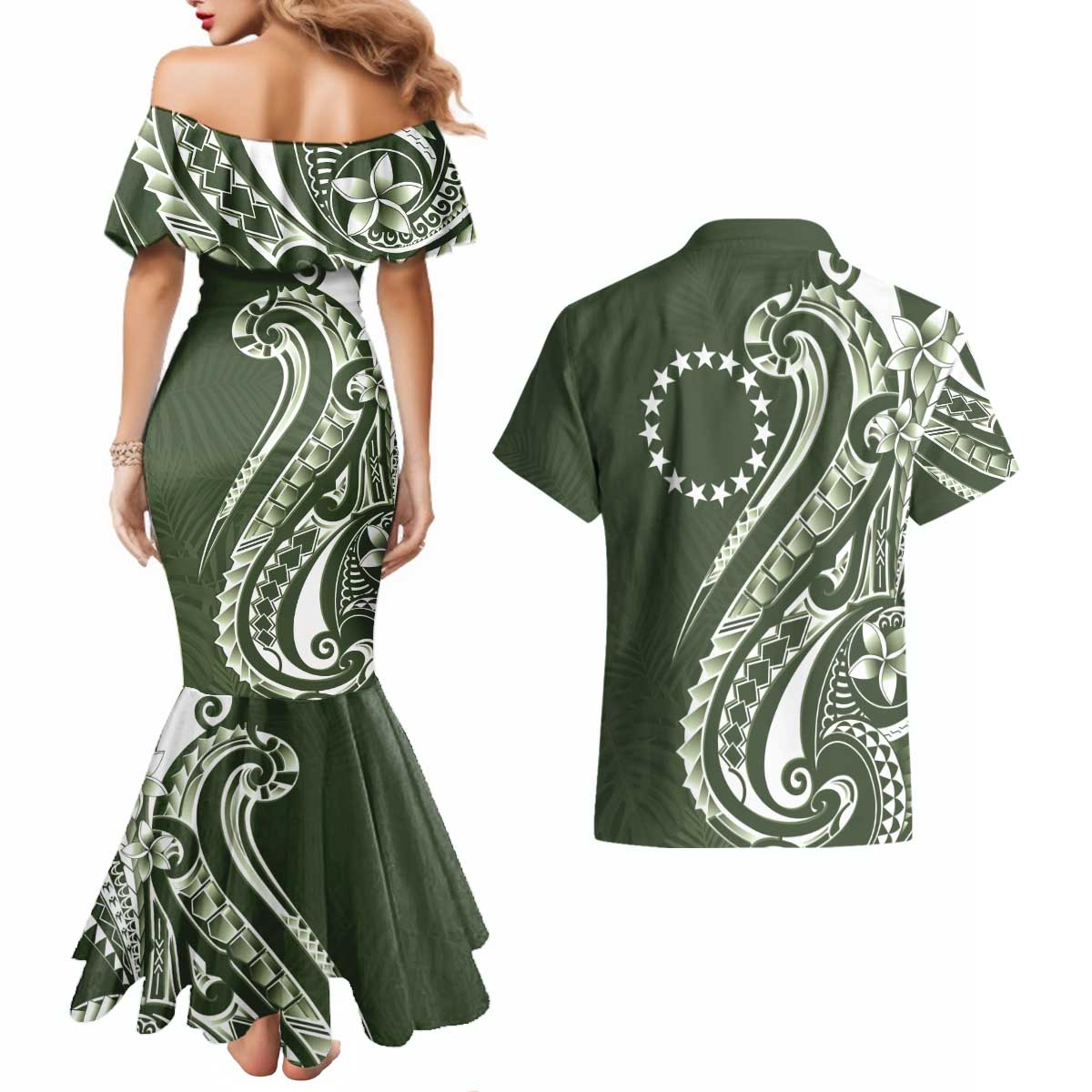 Kia Orana Cook Islands Couples Matching Mermaid Dress and Hawaiian Shirt Matie Plumeria Tropical Waves - Polynesian Pride