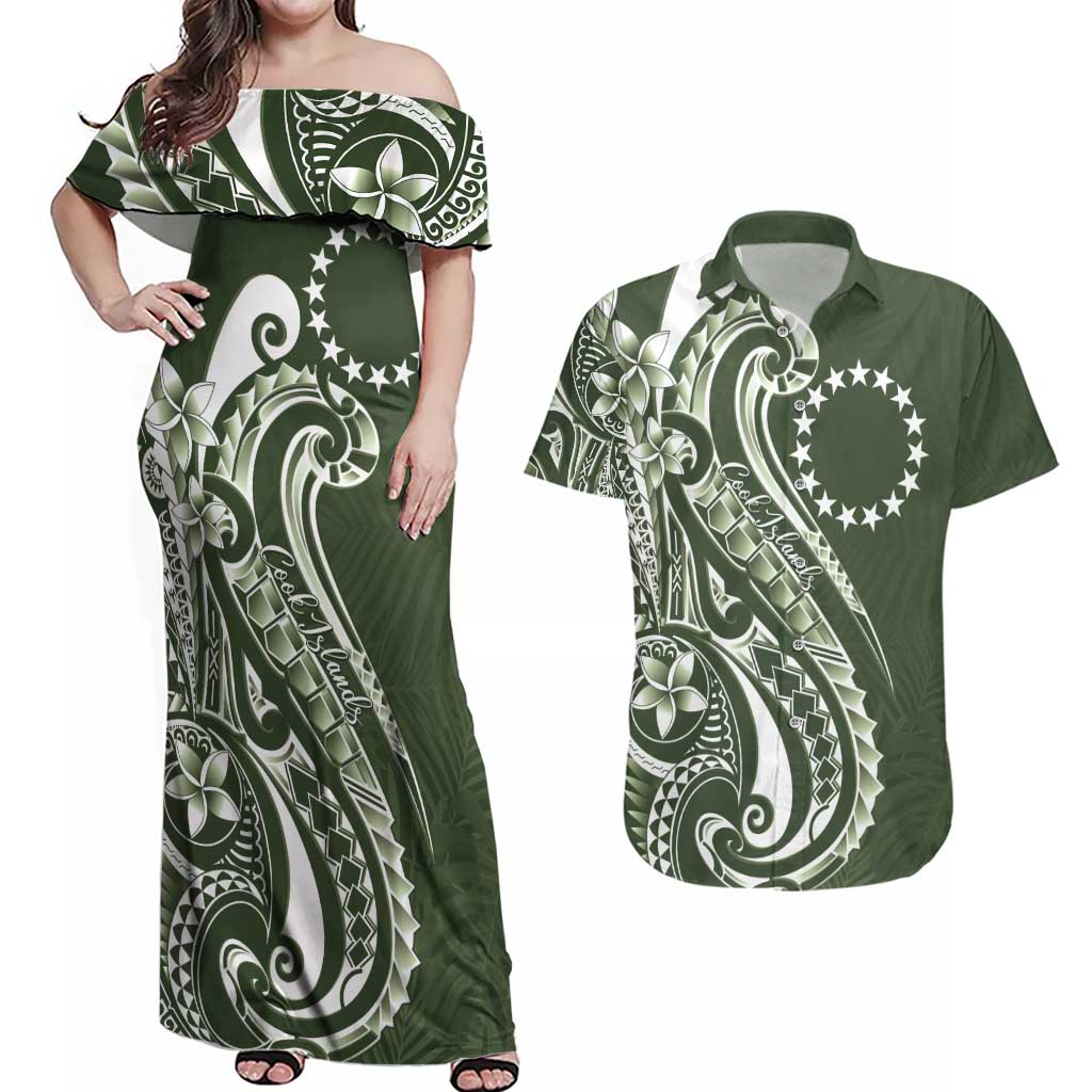 Kia Orana Cook Islands Couples Matching Off Shoulder Maxi Dress and Hawaiian Shirt Matie Plumeria Tropical Waves - Polynesian Pride
