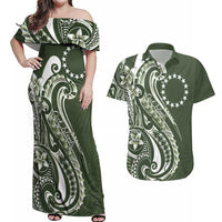 Kia Orana Cook Islands Couples Matching Off Shoulder Maxi Dress and Hawaiian Shirt Matie Plumeria Tropical Waves - Polynesian Pride