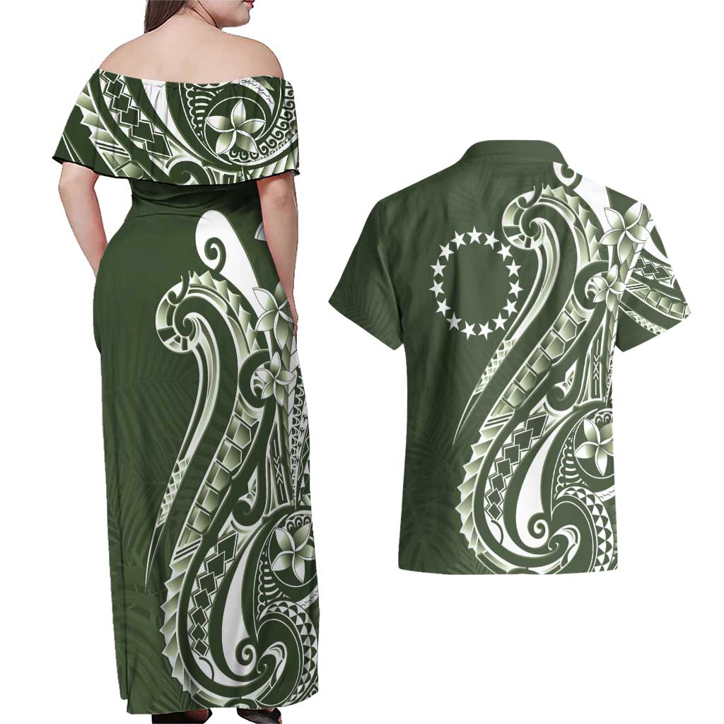 Kia Orana Cook Islands Couples Matching Off Shoulder Maxi Dress and Hawaiian Shirt Matie Plumeria Tropical Waves - Polynesian Pride