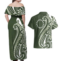Kia Orana Cook Islands Couples Matching Off Shoulder Maxi Dress and Hawaiian Shirt Matie Plumeria Tropical Waves - Polynesian Pride
