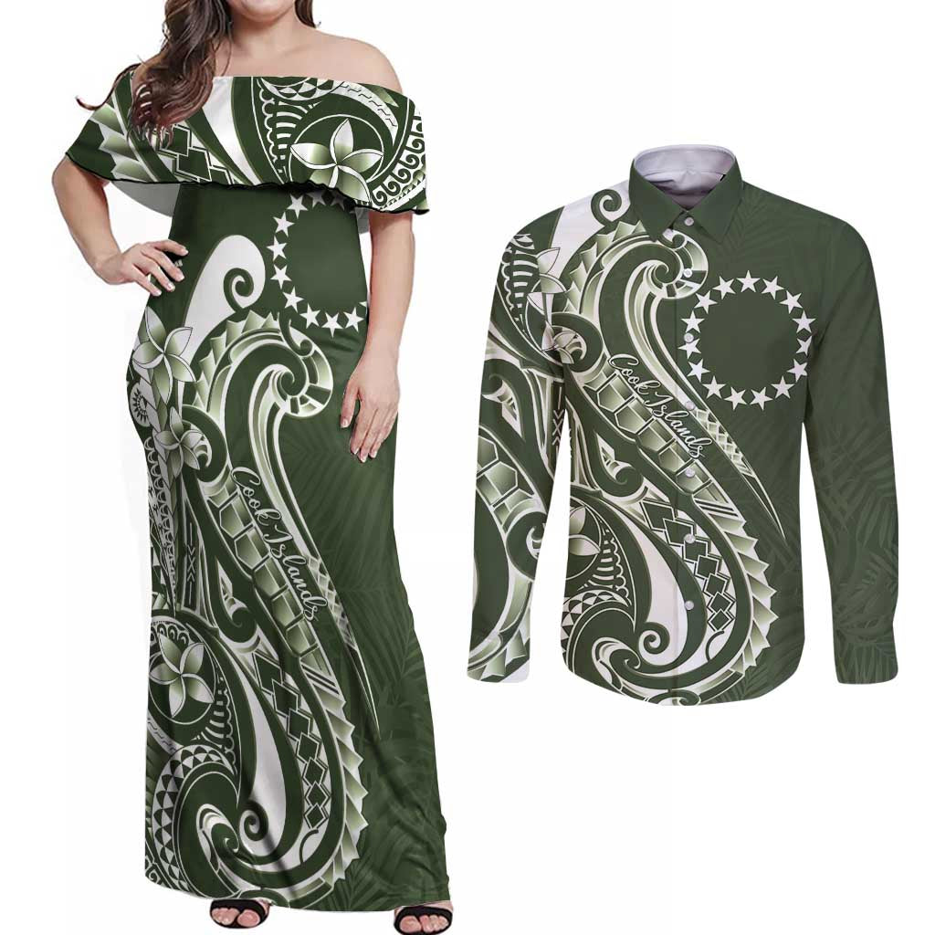 Kia Orana Cook Islands Couples Matching Off Shoulder Maxi Dress and Long Sleeve Button Shirt Matie Plumeria Tropical Waves LT7 Sage Green - Polynesian Pride