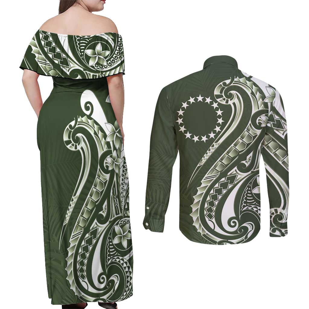 Kia Orana Cook Islands Couples Matching Off Shoulder Maxi Dress and Long Sleeve Button Shirt Matie Plumeria Tropical Waves - Polynesian Pride