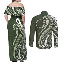Kia Orana Cook Islands Couples Matching Off Shoulder Maxi Dress and Long Sleeve Button Shirt Matie Plumeria Tropical Waves - Polynesian Pride
