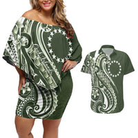 Kia Orana Cook Islands Couples Matching Off Shoulder Short Dress and Hawaiian Shirt Matie Plumeria Tropical Waves - Polynesian Pride