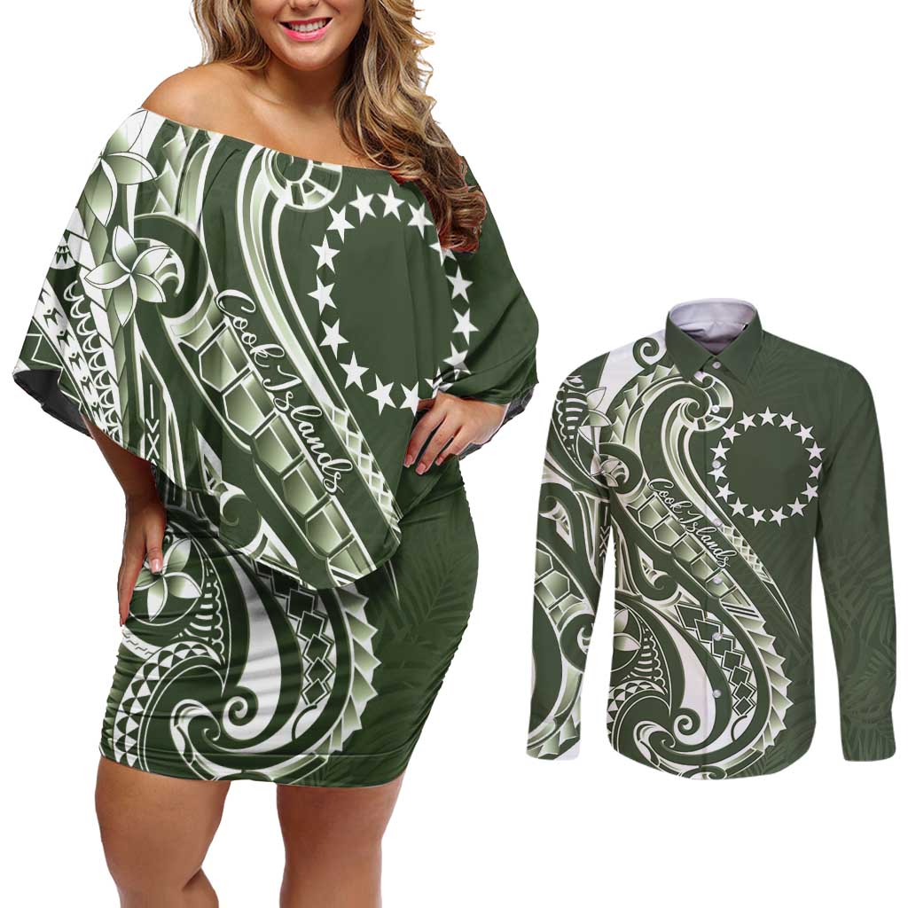 Kia Orana Cook Islands Couples Matching Off Shoulder Short Dress and Long Sleeve Button Shirt Matie Plumeria Tropical Waves LT7 Sage Green - Polynesian Pride