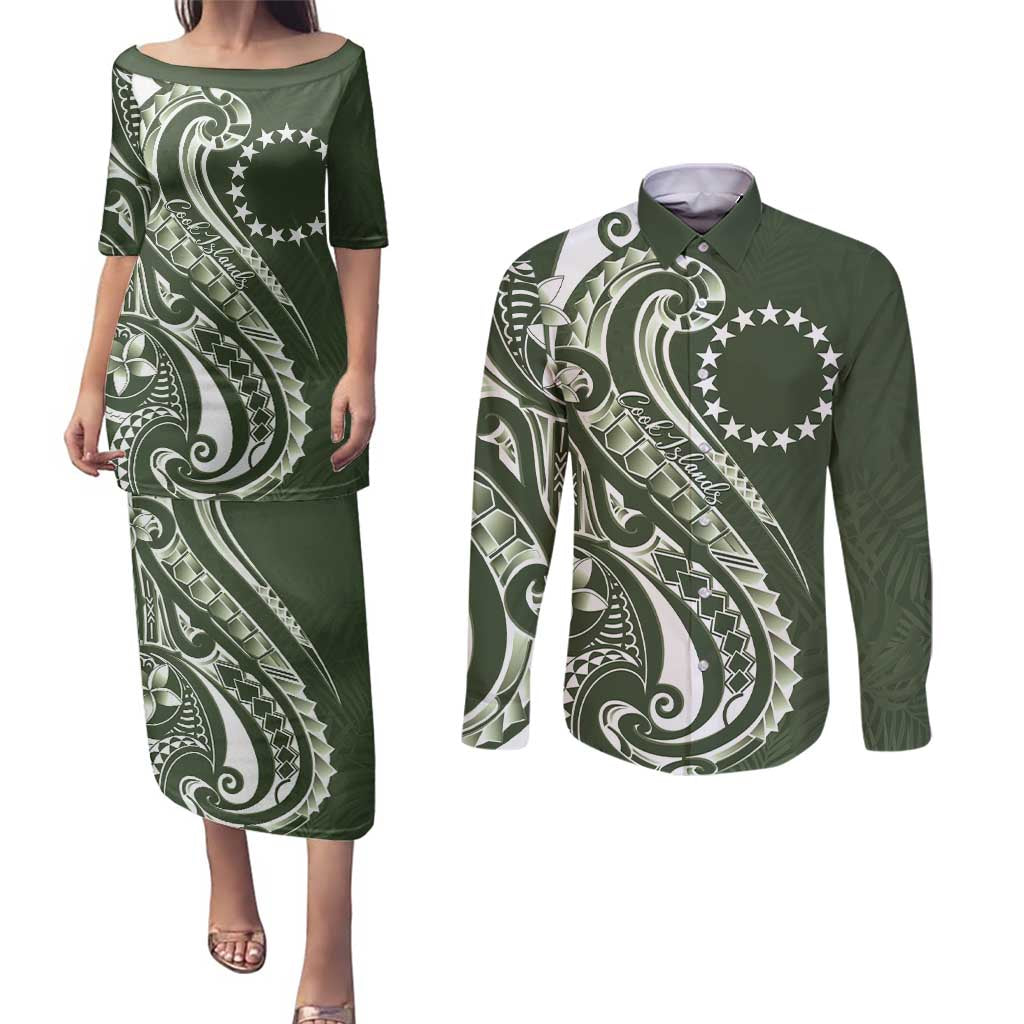 Kia Orana Cook Islands Couples Matching Puletasi and Long Sleeve Button Shirt Matie Plumeria Tropical Waves LT7 Sage Green - Polynesian Pride