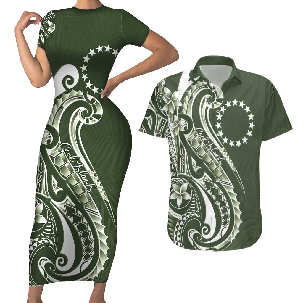 Kia Orana Cook Islands Couples Matching Short Sleeve Bodycon Dress and Hawaiian Shirt Matie Plumeria Tropical Waves LT7 Sage Green - Polynesian Pride